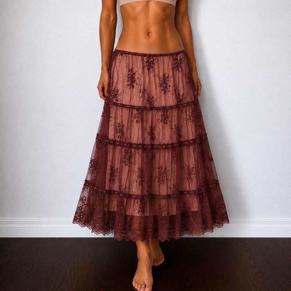 Vintage ANGIE Burgundy Dark Fairy Grunge Boho Embroidered Midi Skirt Size M